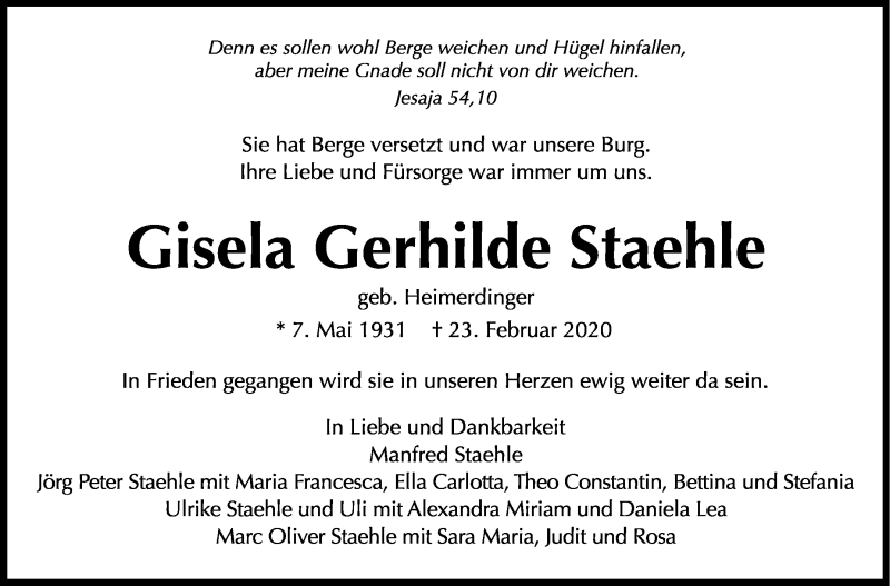  Traueranzeige für Gisela Gerhilde Staehle vom 04.03.2020 aus Stuttgarter Zeitung / Stuttgarter Nachrichten