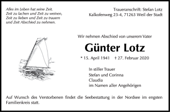 Traueranzeige von Günter Lotz von Stuttgarter Zeitung / Stuttgarter Nachrichten