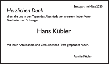Traueranzeige von Hans Kübler von Stuttgarter Zeitung / Stuttgarter Nachrichten