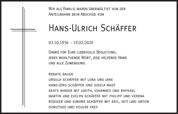 Traueranzeige von Hans-Ulrich Schäffer von Stuttgarter Zeitung / Stuttgarter Nachrichten