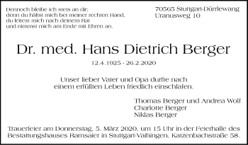 Traueranzeige von Hans Dietrich Berger von Stuttgarter Zeitung / Stuttgarter Nachrichten
