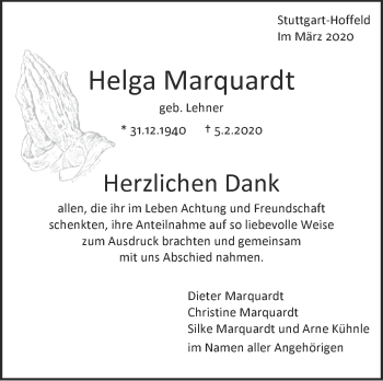 Traueranzeige von Helga Marquardt von Stuttgarter Zeitung / Stuttgarter Nachrichten