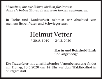 Traueranzeige von Helmut Vetter von Stuttgarter Zeitung / Stuttgarter Nachrichten