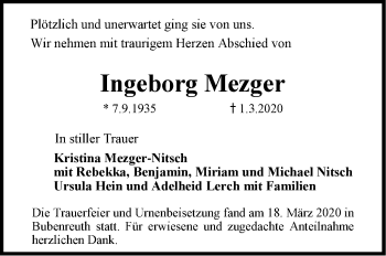 Traueranzeige von Ingeborg Mezger von Stuttgarter Zeitung / Stuttgarter Nachrichten