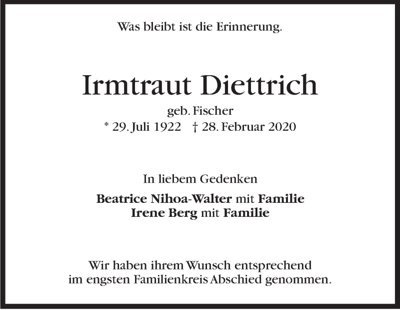  Traueranzeige für Irmtraut Diettrich vom 21.03.2020 aus Stuttgarter Zeitung / Stuttgarter Nachrichten