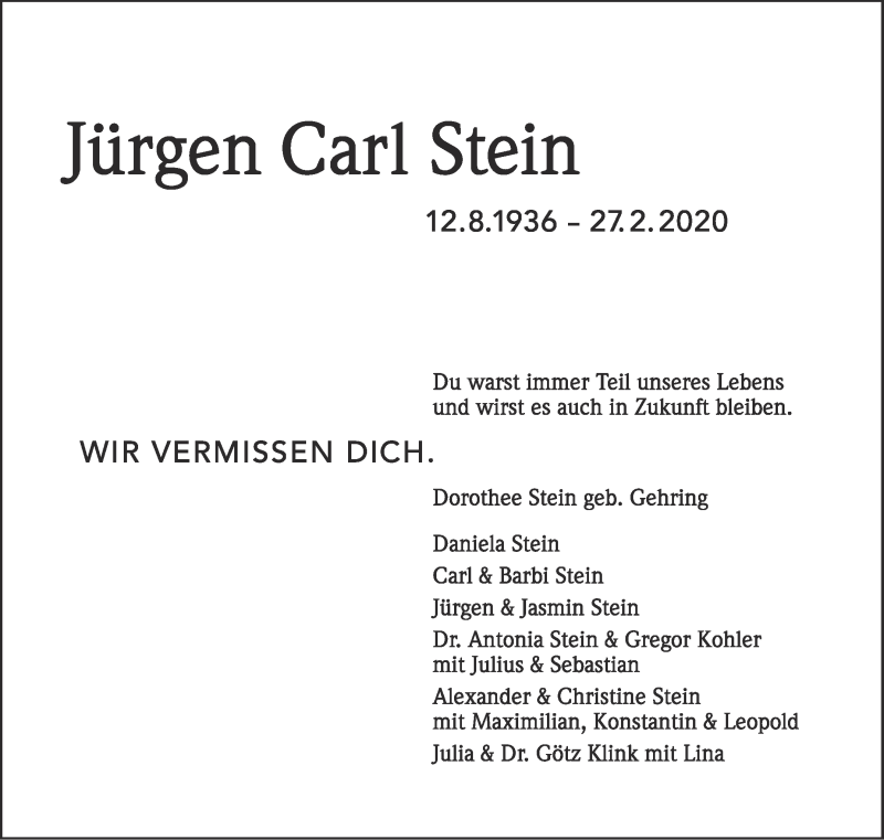  Traueranzeige für Jürgen Carl Stein vom 05.03.2020 aus Stuttgarter Zeitung / Stuttgarter Nachrichten