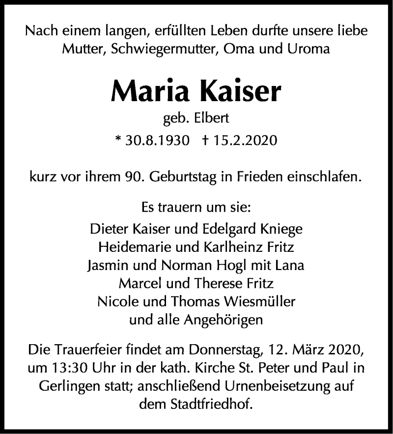  Traueranzeige für Maria Kaiser vom 05.03.2020 aus Stuttgarter Zeitung / Stuttgarter Nachrichten