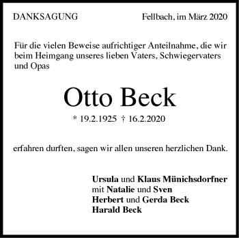 Traueranzeige von Otto Beck von Stuttgarter Zeitung / Stuttgarter Nachrichten