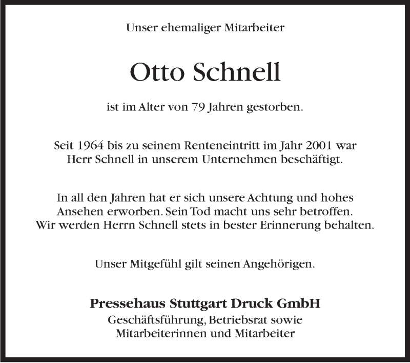  Traueranzeige für Otto Schnell vom 27.03.2020 aus Stuttgarter Zeitung / Stuttgarter Nachrichten