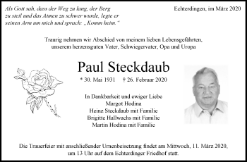 Traueranzeige von Paul Steckdaub von Stuttgarter Zeitung / Stuttgarter Nachrichten