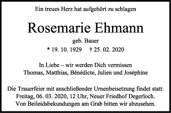 Traueranzeige von Rosemarie Ehmann von Stuttgarter Zeitung / Stuttgarter Nachrichten