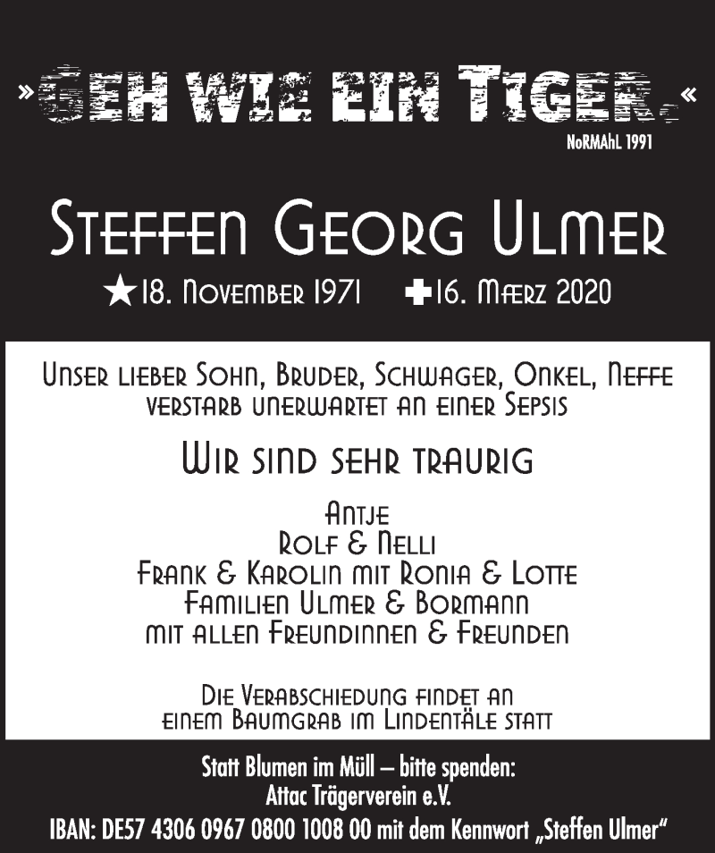  Traueranzeige für Steffen Georg Ulmer vom 25.03.2020 aus Stuttgarter Zeitung / Stuttgarter Nachrichten