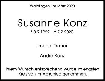 Traueranzeige von Susanne Konz von Stuttgarter Zeitung / Stuttgarter Nachrichten