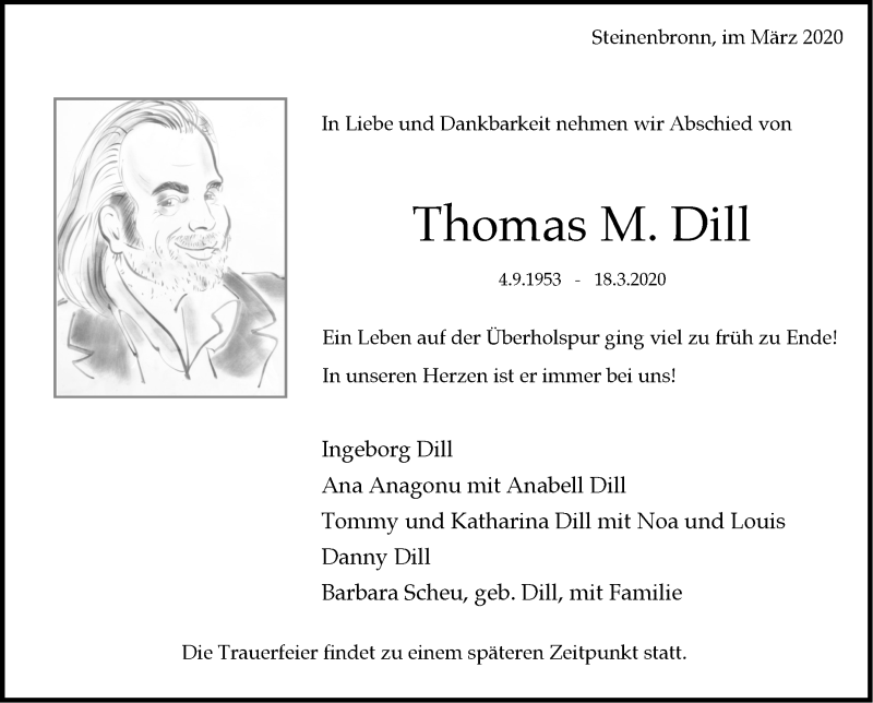  Traueranzeige für Thomas M. Dill vom 28.03.2020 aus Stuttgarter Zeitung / Stuttgarter Nachrichten