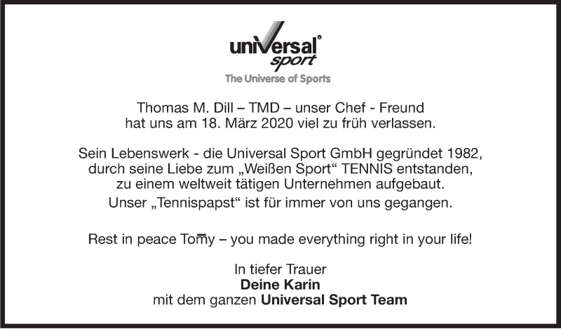  Traueranzeige für Thomas M. Dill vom 01.04.2020 aus Stuttgarter Zeitung / Stuttgarter Nachrichten