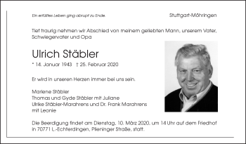 Traueranzeige von Ulrich Stäbler von Stuttgarter Zeitung / Stuttgarter Nachrichten
