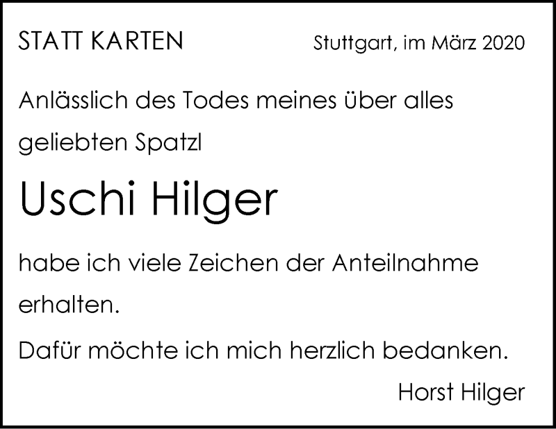  Traueranzeige für Uschi Hilger vom 04.03.2020 aus Stuttgarter Zeitung / Stuttgarter Nachrichten