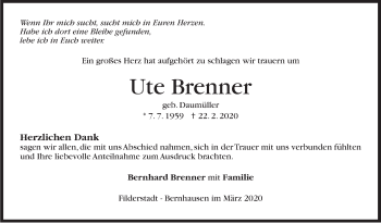 Traueranzeige von Ute Brenner von Stuttgarter Zeitung / Stuttgarter Nachrichten
