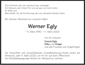 Traueranzeige von Werner Egly von Stuttgarter Zeitung / Stuttgarter Nachrichten