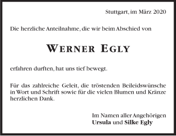 Traueranzeige von Werner Egly von Stuttgarter Zeitung / Stuttgarter Nachrichten
