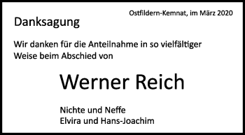 Traueranzeige von Werner Reich von Stuttgarter Zeitung / Stuttgarter Nachrichten