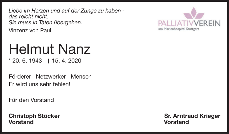  Traueranzeige für Helmut Nanz vom 22.04.2020 aus Stuttgarter Zeitung / Stuttgarter Nachrichten