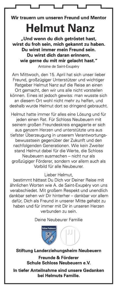 Traueranzeige für Helmut Nanz vom 21.04.2020 aus Stuttgarter Zeitung / Stuttgarter Nachrichten