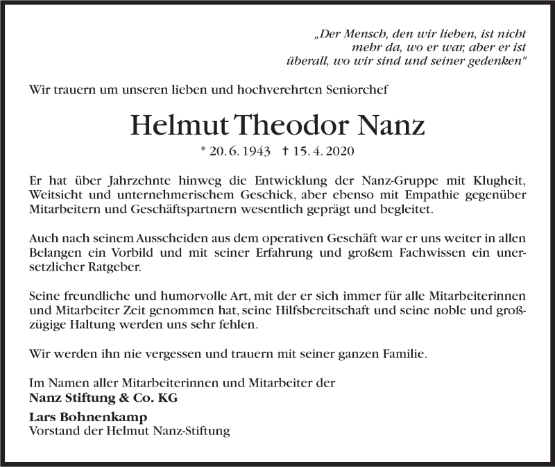  Traueranzeige für Helmut Nanz vom 22.04.2020 aus Stuttgarter Zeitung / Stuttgarter Nachrichten