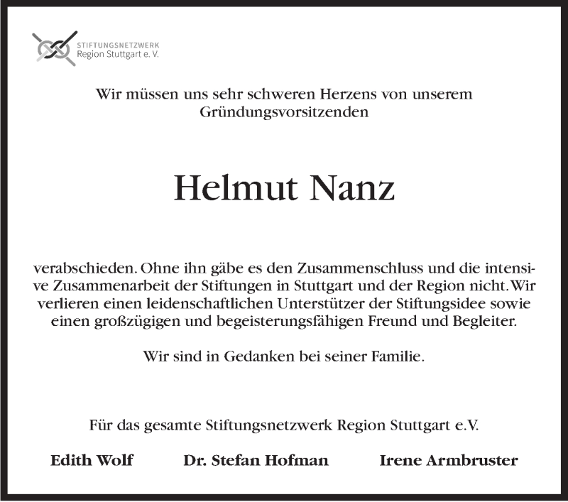  Traueranzeige für Helmut Nanz vom 20.04.2020 aus Stuttgarter Zeitung / Stuttgarter Nachrichten
