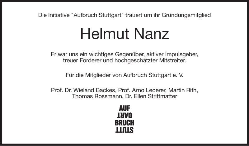  Traueranzeige für Helmut Nanz vom 22.04.2020 aus Stuttgarter Zeitung / Stuttgarter Nachrichten