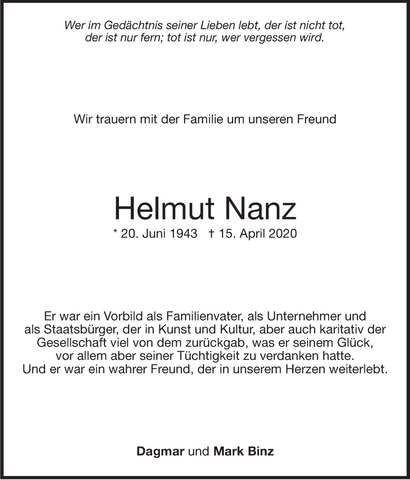  Traueranzeige für Helmut Nanz vom 21.04.2020 aus Stuttgarter Zeitung / Stuttgarter Nachrichten