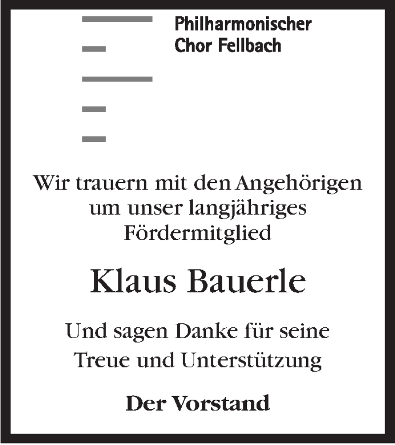  Traueranzeige für Klaus Bauerle vom 27.04.2020 aus Stuttgarter Zeitung / Stuttgarter Nachrichten
