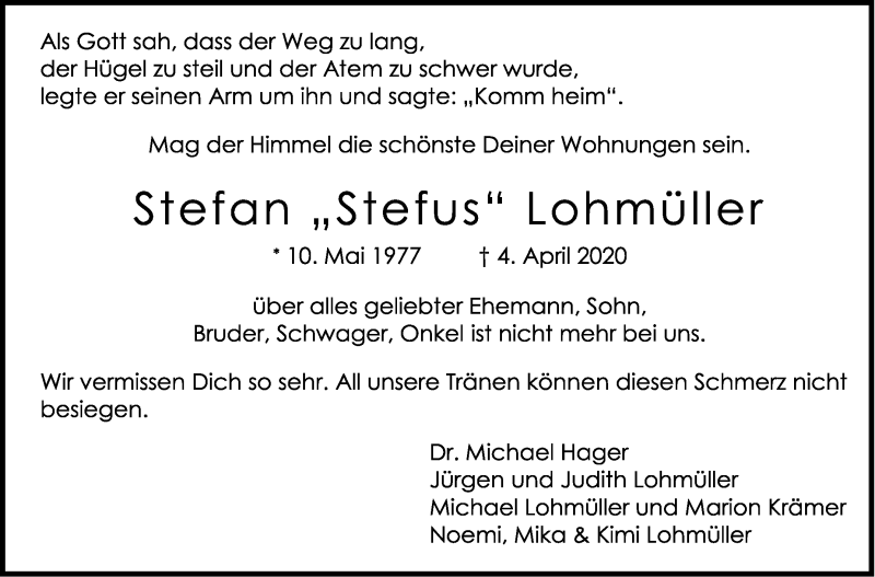  Traueranzeige für Stefan Lohmüller vom 11.04.2020 aus Stuttgarter Zeitung / Stuttgarter Nachrichten
