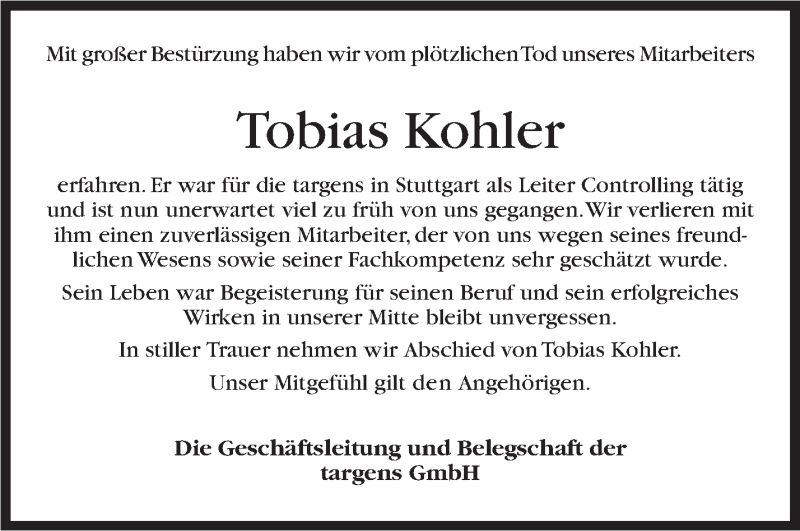  Traueranzeige für Tobias Kohler vom 25.04.2020 aus Stuttgarter Zeitung / Stuttgarter Nachrichten