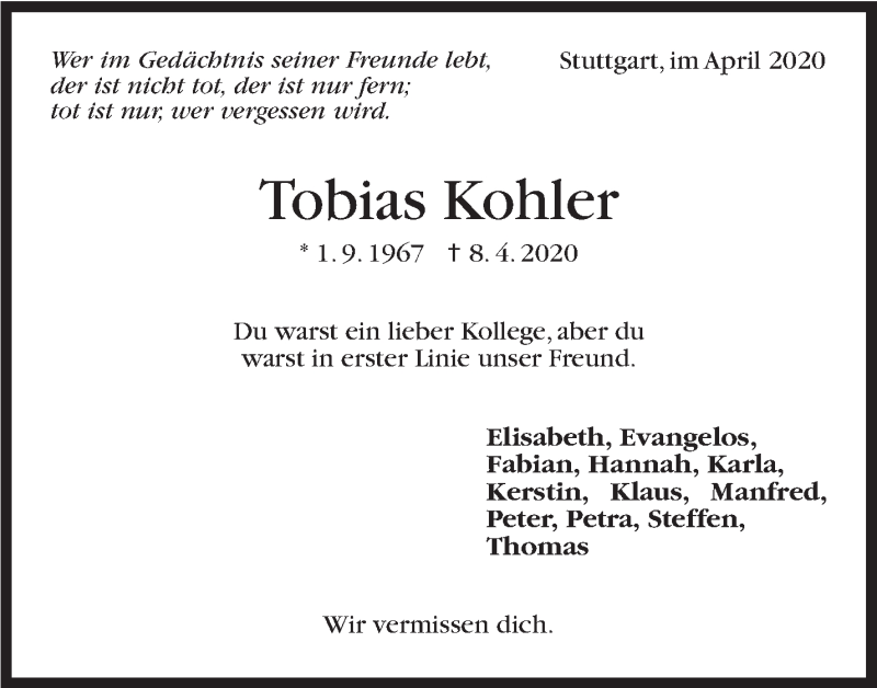  Traueranzeige für Tobias Kohler vom 23.04.2020 aus Stuttgarter Zeitung / Stuttgarter Nachrichten