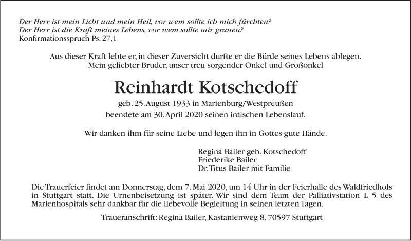  Traueranzeige für Reinhardt Kotschedoff vom 06.05.2020 aus Stuttgarter Zeitung / Stuttgarter Nachrichten
