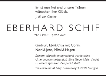 Traueranzeige von Eberhard Schif von Stuttgarter Zeitung / Stuttgarter Nachrichten