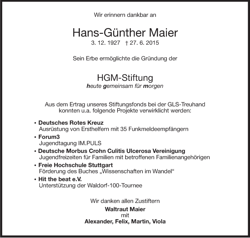  Traueranzeige für Hans-Günther Maier vom 27.06.2020 aus Stuttgarter Zeitung / Stuttgarter Nachrichten