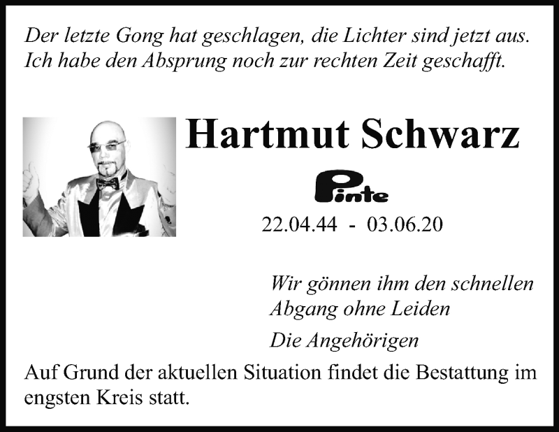  Traueranzeige für Hartmut Schwarz vom 06.06.2020 aus Stuttgarter Zeitung / Stuttgarter Nachrichten