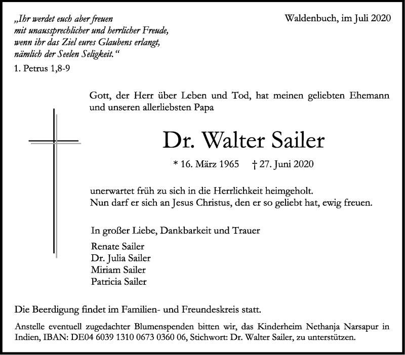  Traueranzeige für Walter Sailer vom 01.07.2020 aus Stuttgarter Zeitung / Stuttgarter Nachrichten