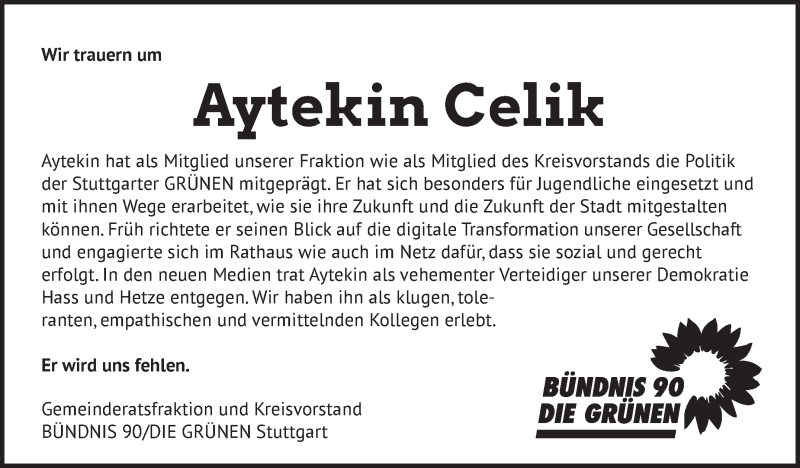  Traueranzeige für Aytekin Celik vom 31.07.2020 aus Stuttgarter Zeitung / Stuttgarter Nachrichten