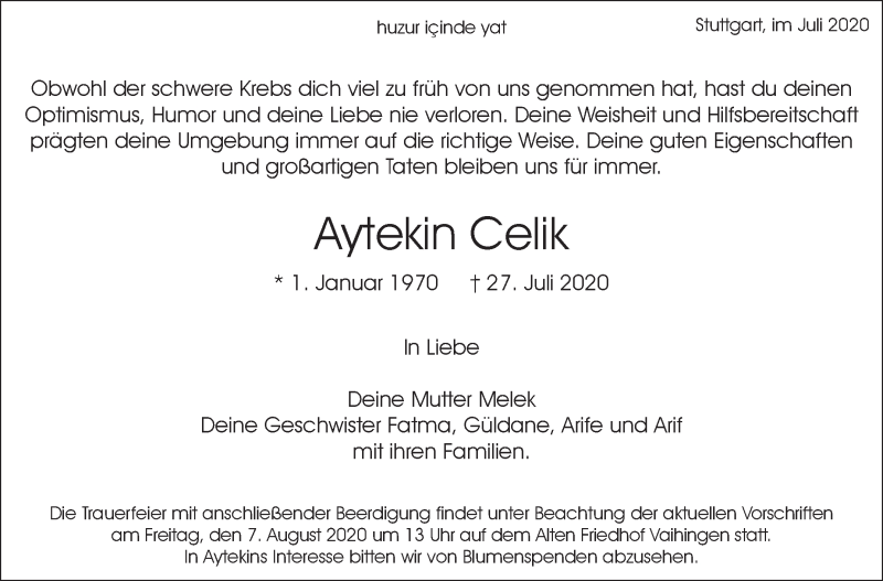  Traueranzeige für Aytekin Celik vom 30.07.2020 aus Stuttgarter Zeitung / Stuttgarter Nachrichten