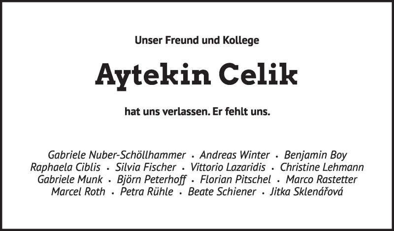  Traueranzeige für Aytekin Celik vom 31.07.2020 aus Stuttgarter Zeitung / Stuttgarter Nachrichten