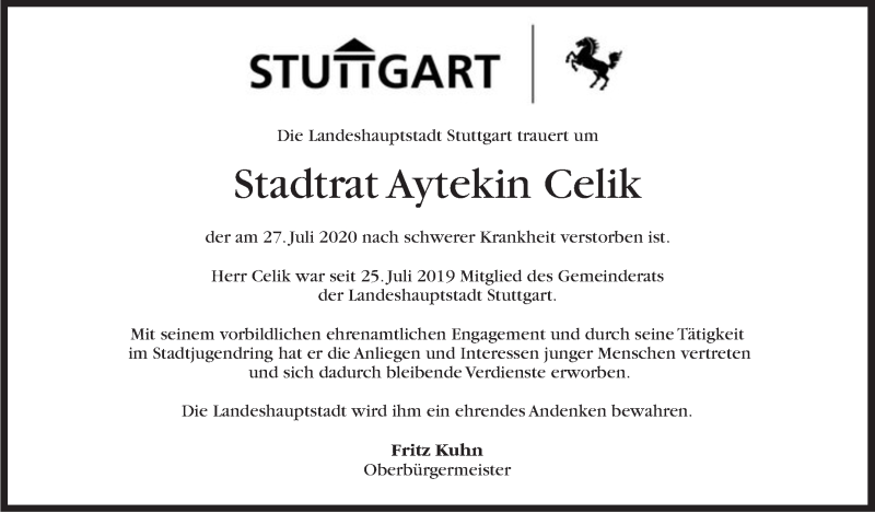  Traueranzeige für Aytekin Celik vom 31.07.2020 aus Stuttgarter Zeitung / Stuttgarter Nachrichten