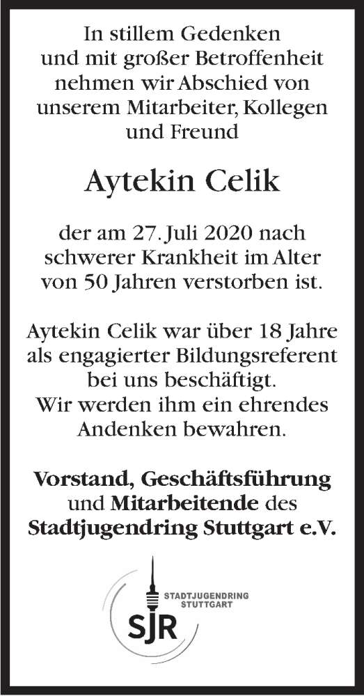  Traueranzeige für Aytekin Celik vom 01.08.2020 aus Stuttgarter Zeitung / Stuttgarter Nachrichten
