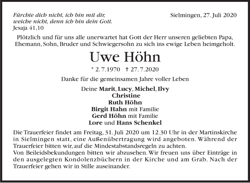 Traueranzeige für Uwe Höhn vom 30.07.2020 aus Stuttgarter Zeitung / Stuttgarter Nachrichten
