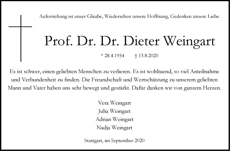  Traueranzeige für Dieter Weingart vom 19.09.2020 aus Stuttgarter Zeitung / Stuttgarter Nachrichten
