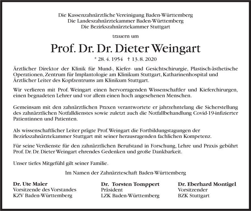  Traueranzeige für Dieter Weingart vom 26.08.2020 aus Stuttgarter Zeitung / Stuttgarter Nachrichten