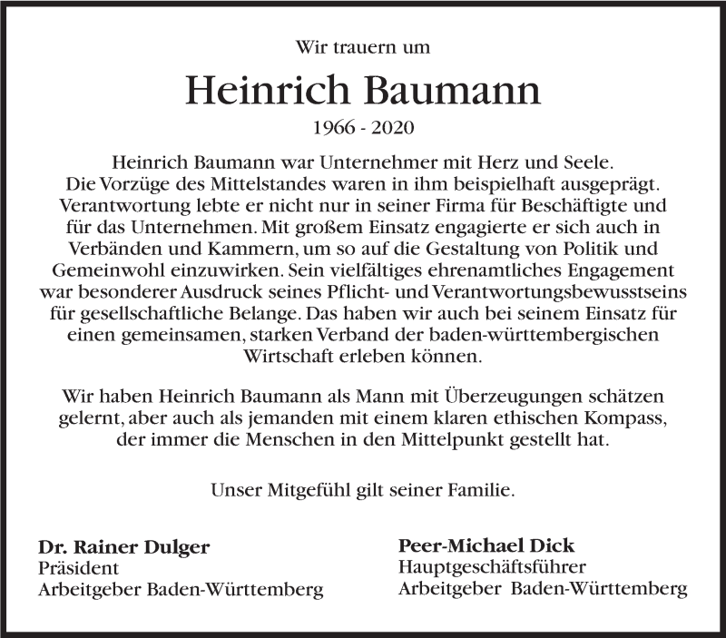  Traueranzeige für Heinrich Baumann vom 26.09.2020 aus Stuttgarter Zeitung / Stuttgarter Nachrichten