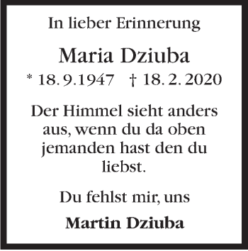 Traueranzeige von Maria Dziuba von Stuttgarter Zeitung / Stuttgarter Nachrichten